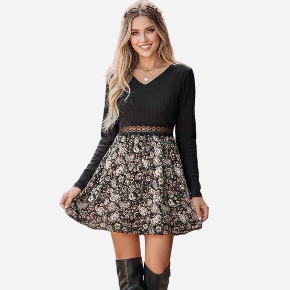 CUPSHE Paisley Print Lace A-Line Mini Dress Black Long Sleeve V Neck Sz Medium